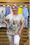 İtalyan Tasarım Floral Desenli Kolyeli Pamuk Keten Bluz Krem