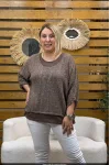 İtalyan Tasarım Işıltılı Çift Katlı Salaş Örme Bluz Kahve