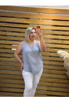 İtalyan Tasarım Kolyeli Sıfır Kol Bluz Açık Gri