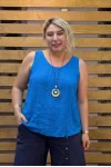 İtalyan Tasarım Kolyeli Sıfır Kol Bluz Saks Mavi