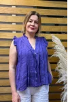 İtalyan Tasarım Önü Detaylı Sıfır Kol Keten Gömlek Mor