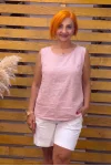 İtalyan Tasarım Sıfır Kol Keten Bluz Toz Pembe