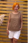İtalyan Tasarım Sıfır Kol Keten Bluz Kahve