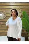 İtalyan Tasarım Sim İşlemeli V Yaka Triko Bluz Beyaz