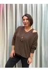İtalyan Tasarım Simli Düz Desen Atletli ve Kolye Hediyeli Bluz Kahve