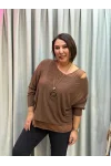 İtalyan Tasarım Simli Düz Desen Atletli ve Kolye Hediyeli Bluz Camel