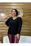 İtalyan Tasarım Taş İşlemeli V Yaka Bluz Siyah