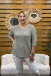 Kadın Pul Detaylı V Yaka Örme Yün Triko Bluz Haki