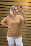 İtalyan Tasarım V Yaka Şerit Detaylı Triko Bluz Camel