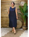 İtalyan Tasarım Sırt İşleme Detaylı Keten Elbise Lacivert