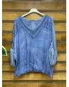 İtalyan Tasarım Önü İpek Arkası Triko V Yaka Bluz Mavi
