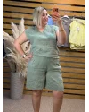 İtalyan Tasarım Hasır Kemerli Şortlu Keten Takım Haki