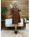 İtalyan Tasarım Taş İşlemeli Pliseli Elbise Acı Kahve