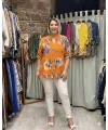 İtalyan Tasarım Gül Baskı Keten Gömlek Turuncu
