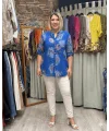 İtalyan Tasarım Gül Baskı Keten Gömlek Saks Mavi