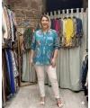 İtalyan Tasarım Gül Baskı Keten Gömlek Mercan Mavi
