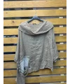 İtalyan Tasarım Asimetrik Kesim Payet Detaylı Keten Bluz Camel