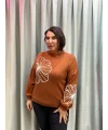 İtalyan Tasarım Çiçek İşlemeli Yumuşak Triko Bluz Tarçın