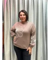 İtalyan Tasarım Çiçek İşlemeli Yumuşak Triko Bluz Pudra