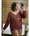İtalyan Tasarım Desenli Örme Detaylı Yaldız Triko Bluz Bordo