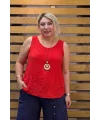 İtalyan Tasarım Kolyeli Sıfır Kol Bluz Kırmızı