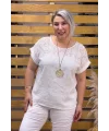 İtalyan Tasarım Kolyeli Ham Keten Bluz Beyaz