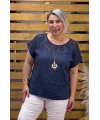 İtalyan Tasarım Kolyeli Ham Keten Bluz Lacivert