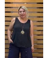 İtalyan Tasarım Kolyeli Sıfır Kol Bluz Siyah