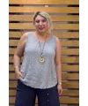 İtalyan Tasarım Kolyeli Sıfır Kol Bluz Açık Gri