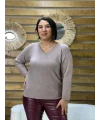 İtalyan Tasarım Taş İşlemeli V Yaka Bluz Vizon