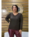 İtalyan Tasarım Taş İşlemeli V Yaka Bluz Kahve