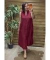 İtalyan Tasarım V Yaka Ham Keten Elbise Bordo