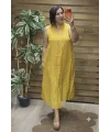 İtalyan Tasarım V Yaka Ham Keten Elbise Sarı