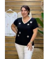 İtalyan Tasarım Yıldız İşlemeli V Yaka Bluz Siyah