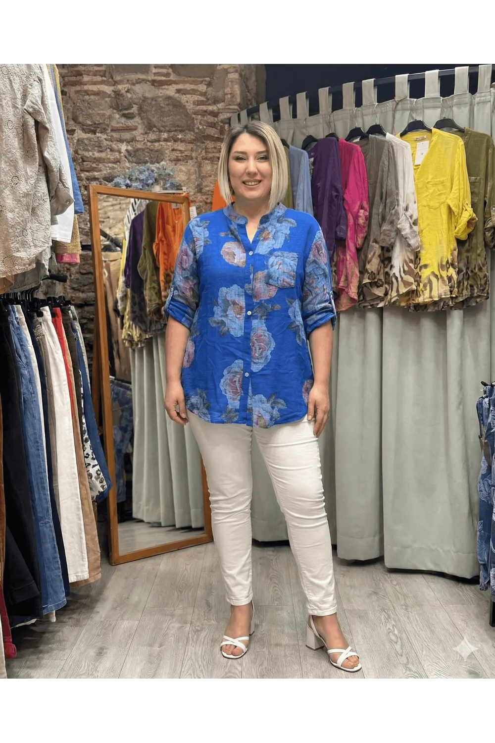 İtalyan Tasarım Gül Baskı Keten Gömlek Saks Mavi