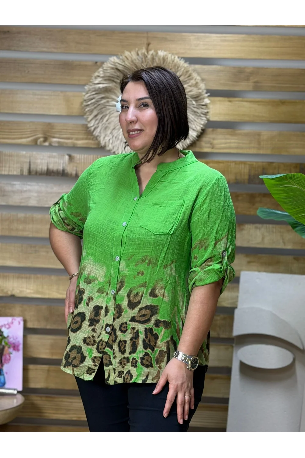 İtalyan Tasarım Keten Leopar Desen Gömlek Yeşil