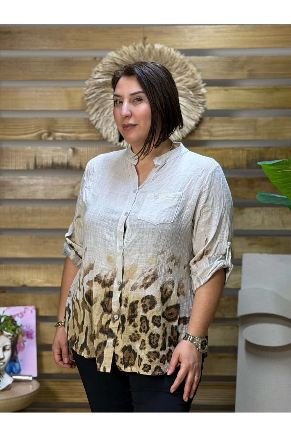 İtalyan Tasarım Keten Leopar Desen Gömlek Krem