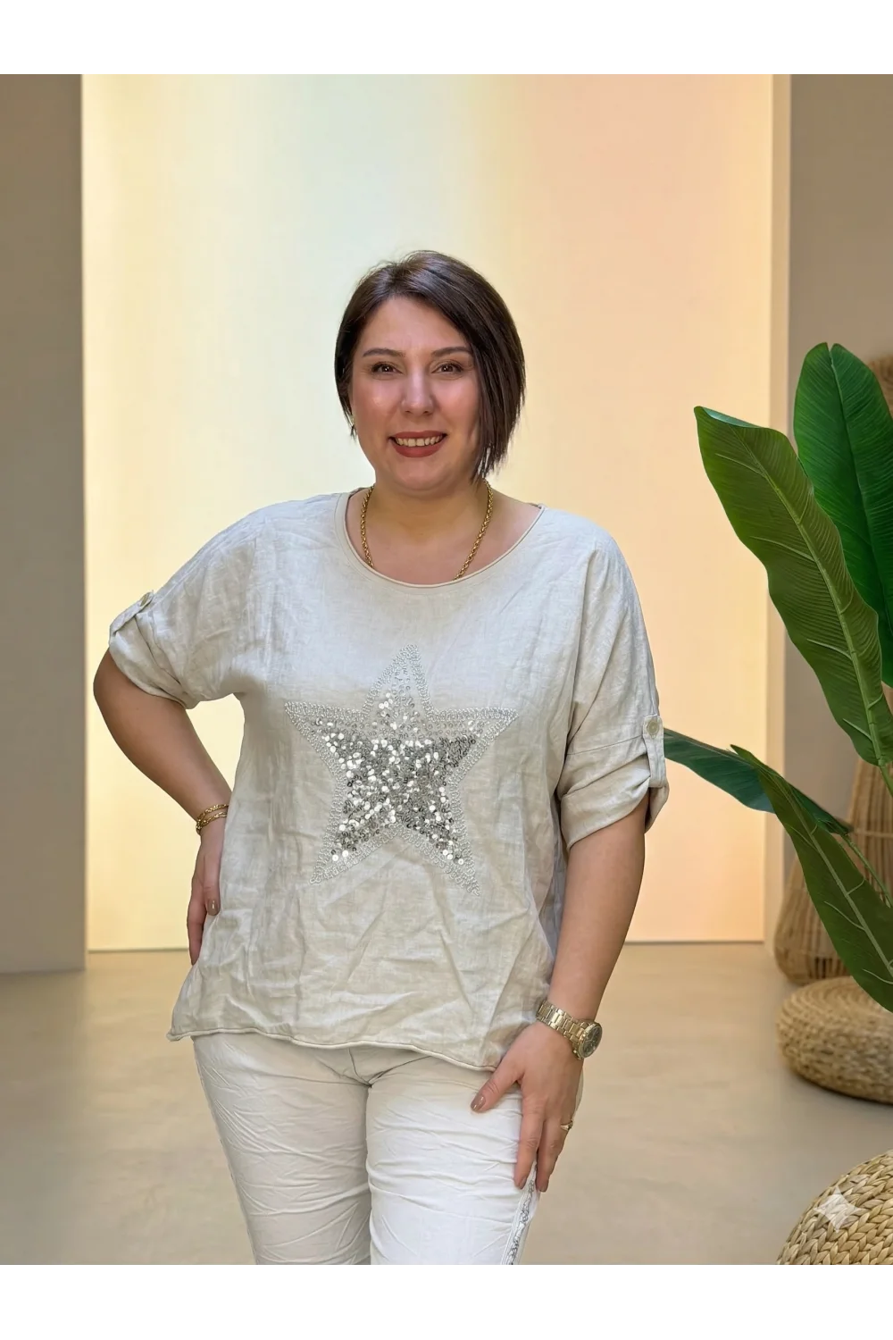 İtalyan Tasarım Önü Yıldız Kabartma Detaylı Bluz Keten