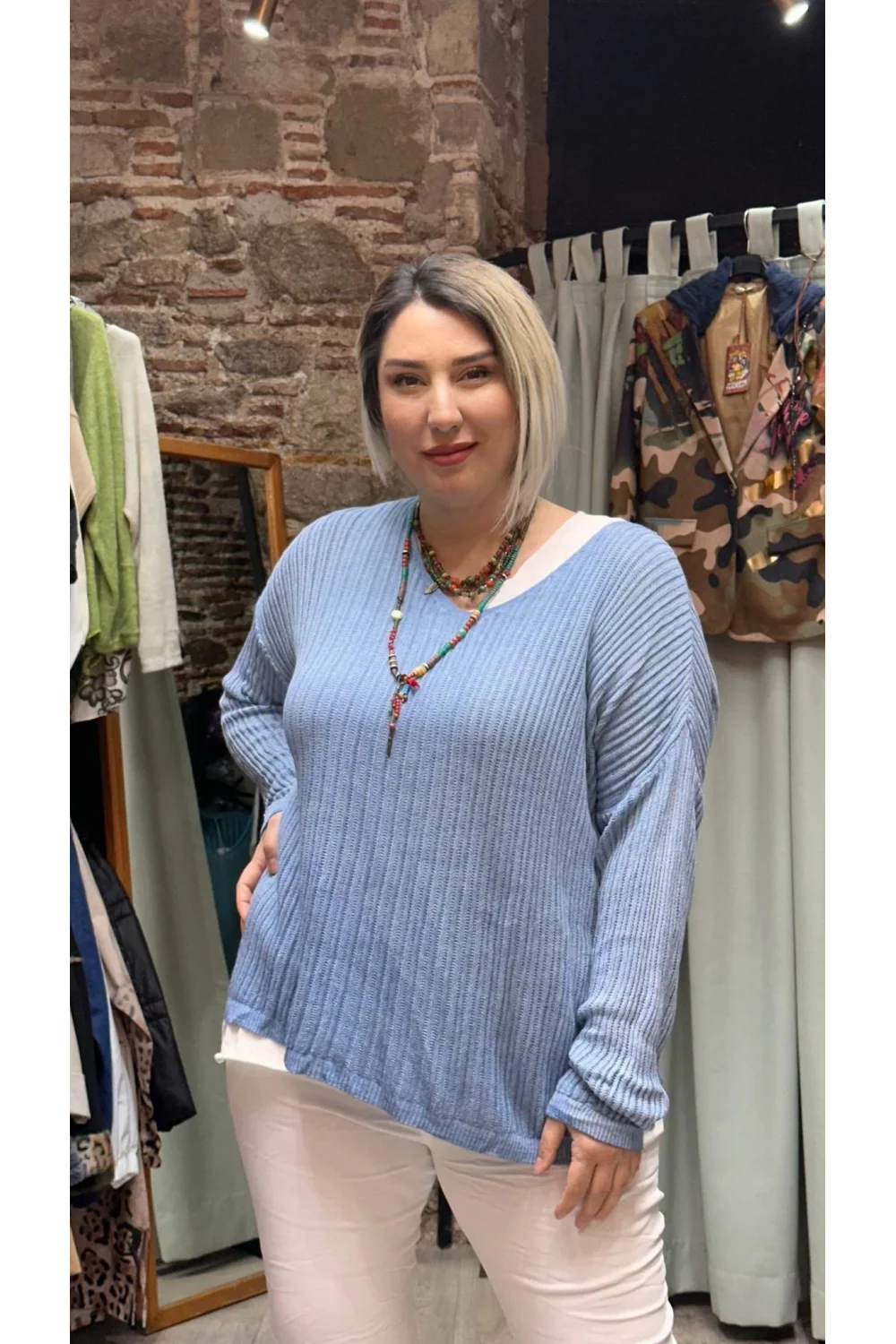 İtalyan Eskitme Merserize Tasarım Bluz İndigo