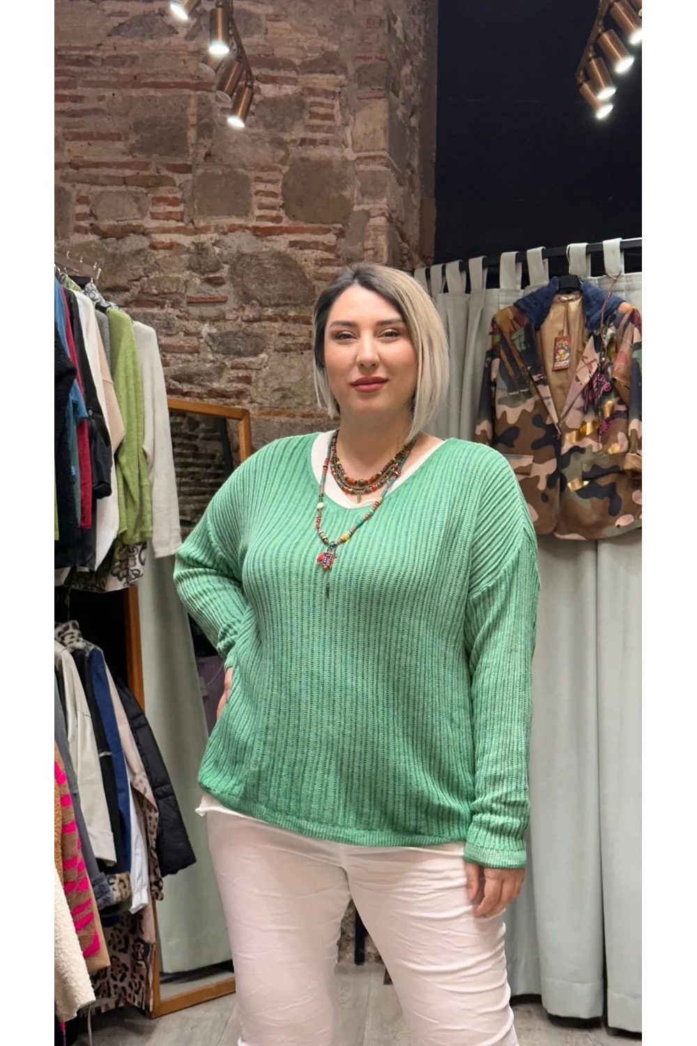 İtalyan Eskitme Merserize Tasarım Bluz Çimen