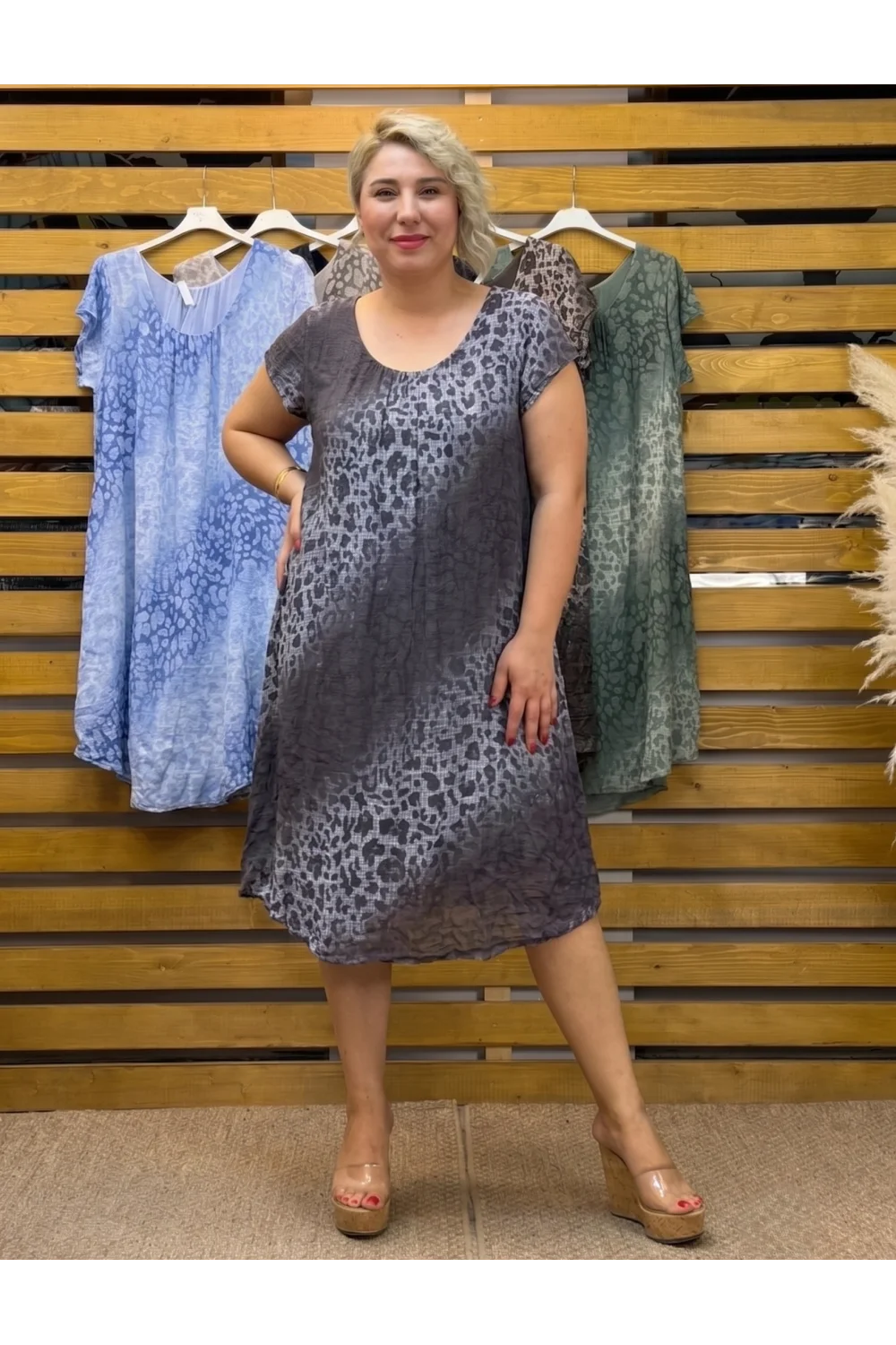 İtalyan Leopar Desen Elbise Kahve