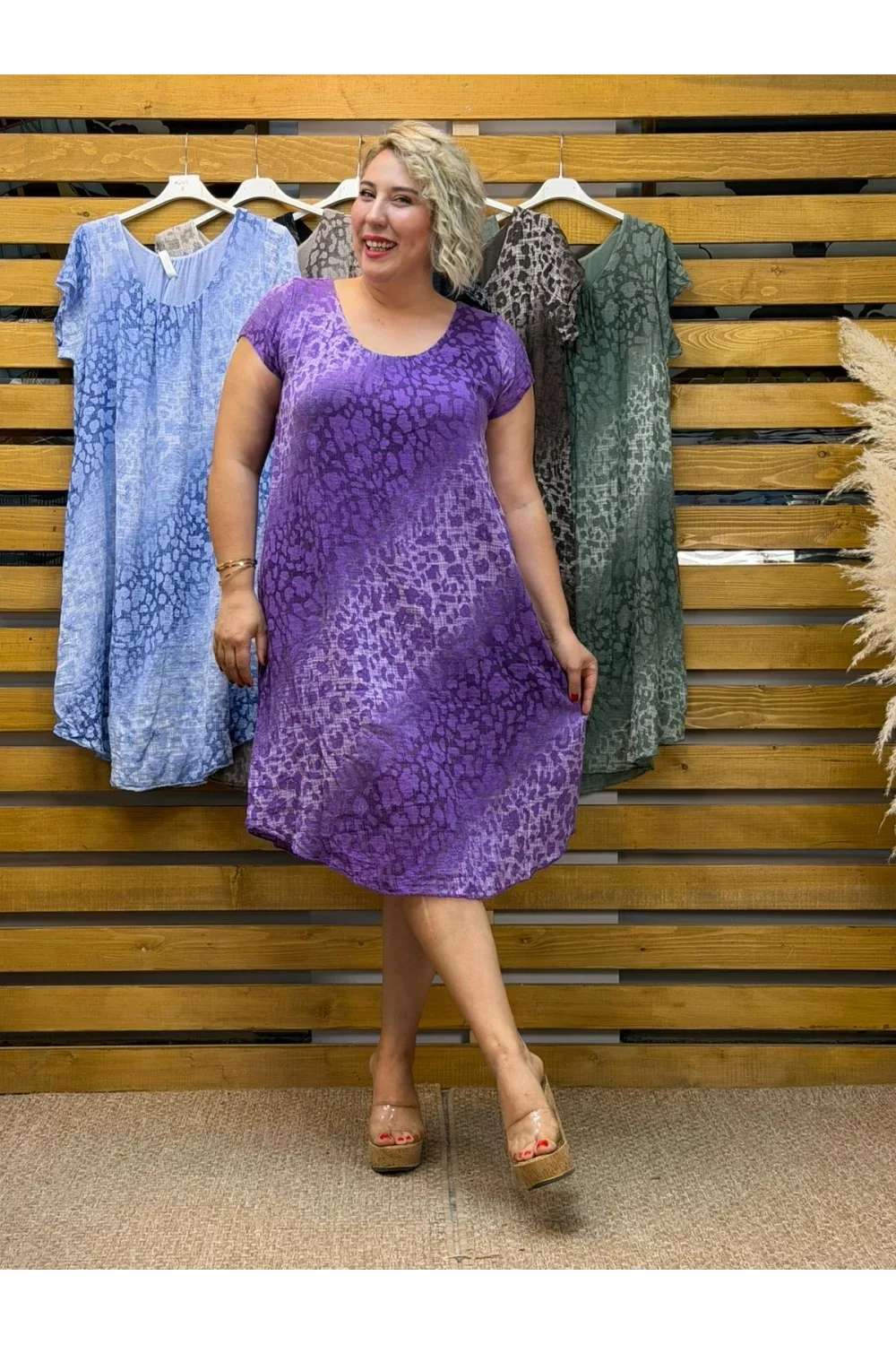 İtalyan Leopar Desen Elbise Mor