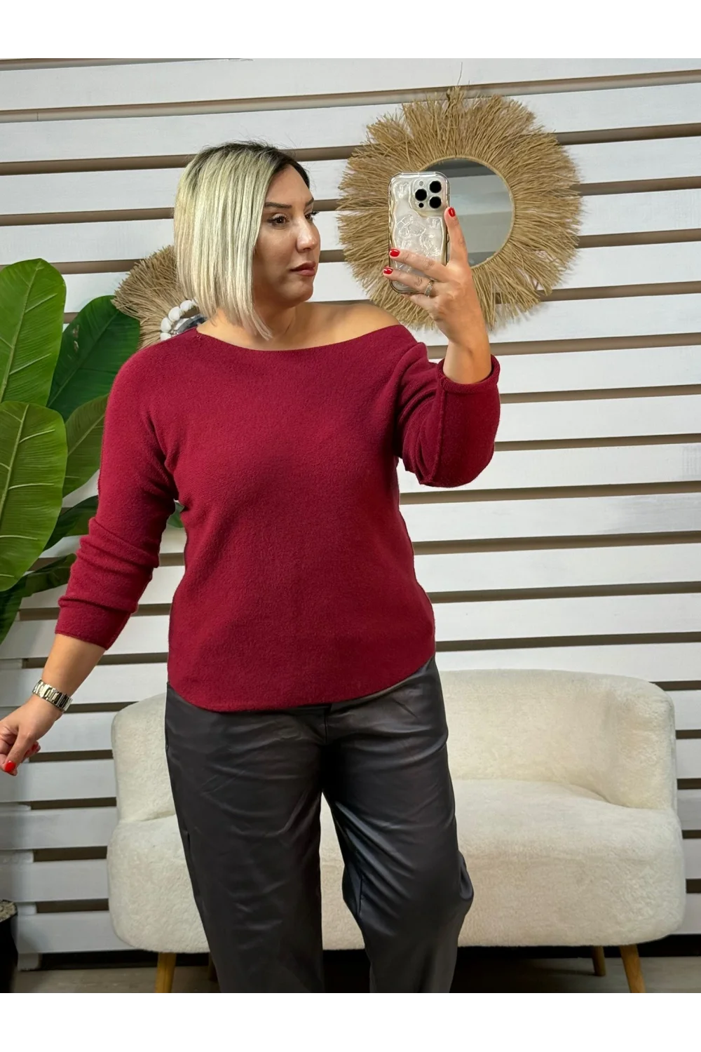 İtalyan Tasarım Angora Kayık Yaka Bluz Bordo