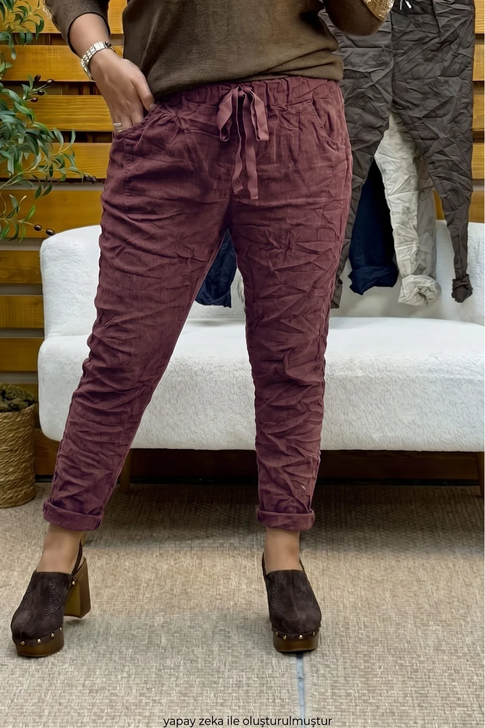 İtalyan Tasarım Beli Bağcıklı Pantolon Şarabi