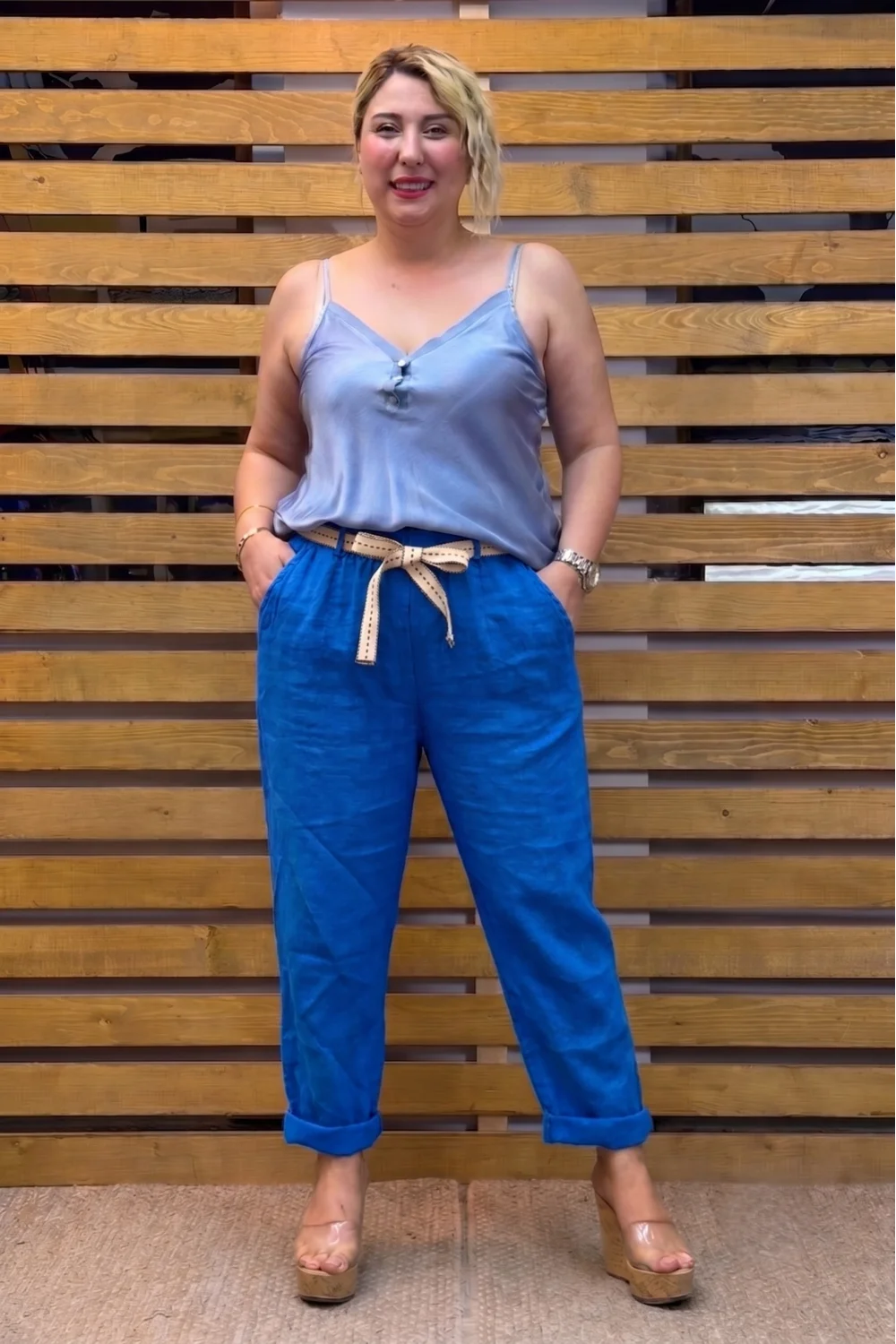 İtalyan Tasarım Beli Bağlamalı Pantolon Saks Mavi