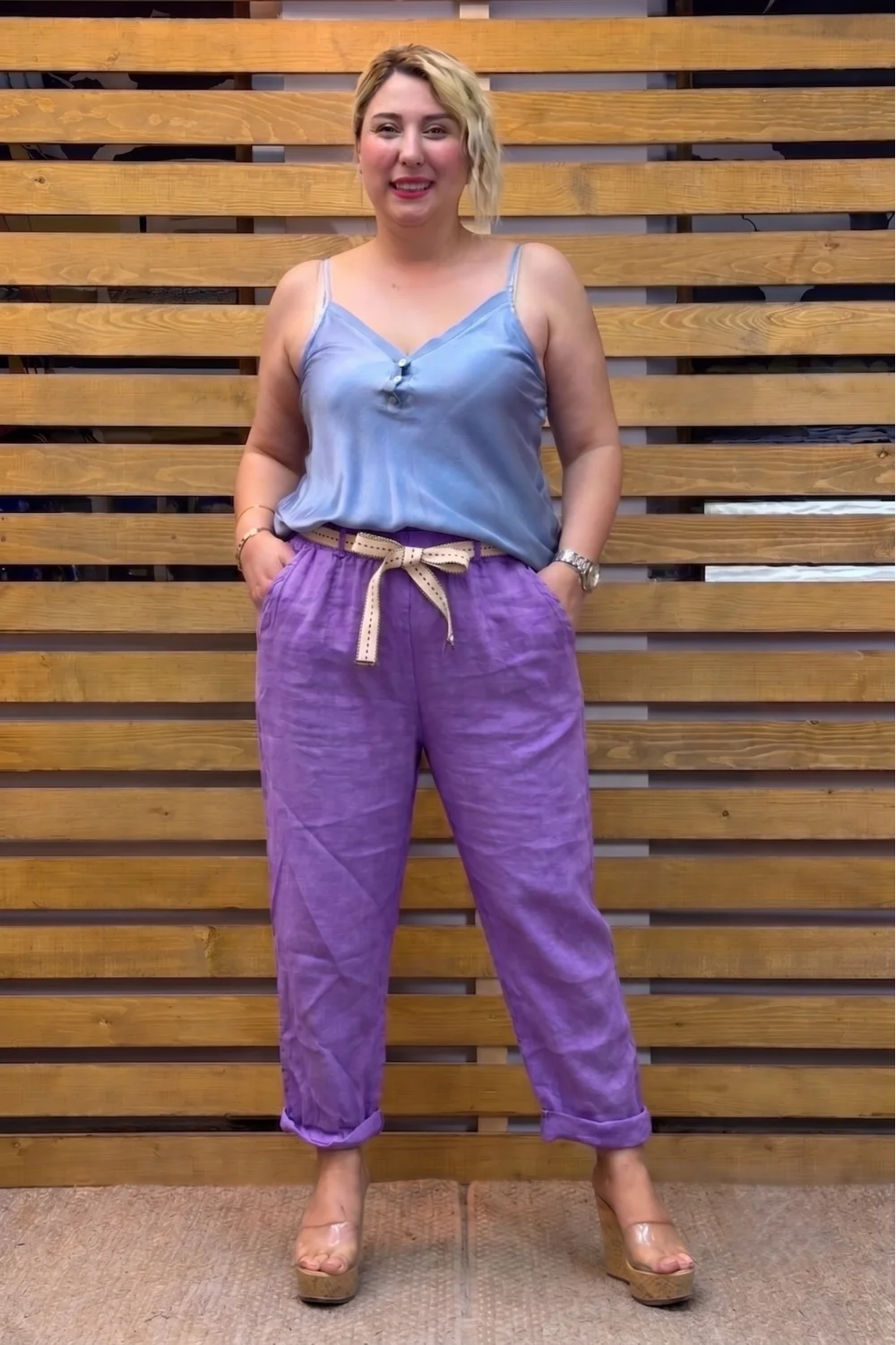 İtalyan Tasarım Beli Bağlamalı Pantolon Lila