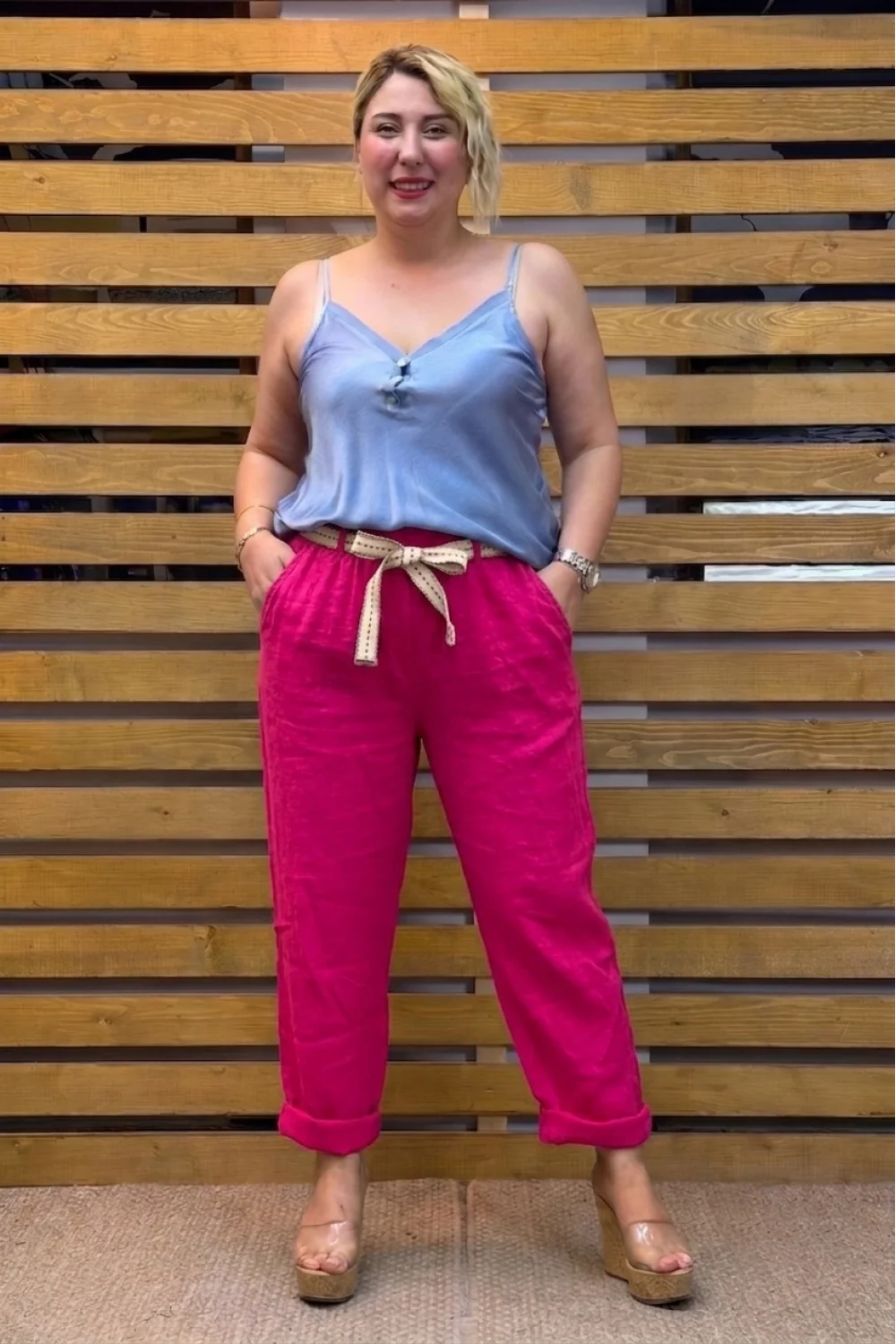 İtalyan Tasarım Beli Bağlamalı Pantolon Pembe