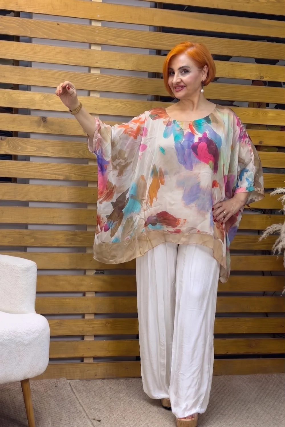 İtalyan Tasarım Çiçek Desenli İpek Bluz Camel