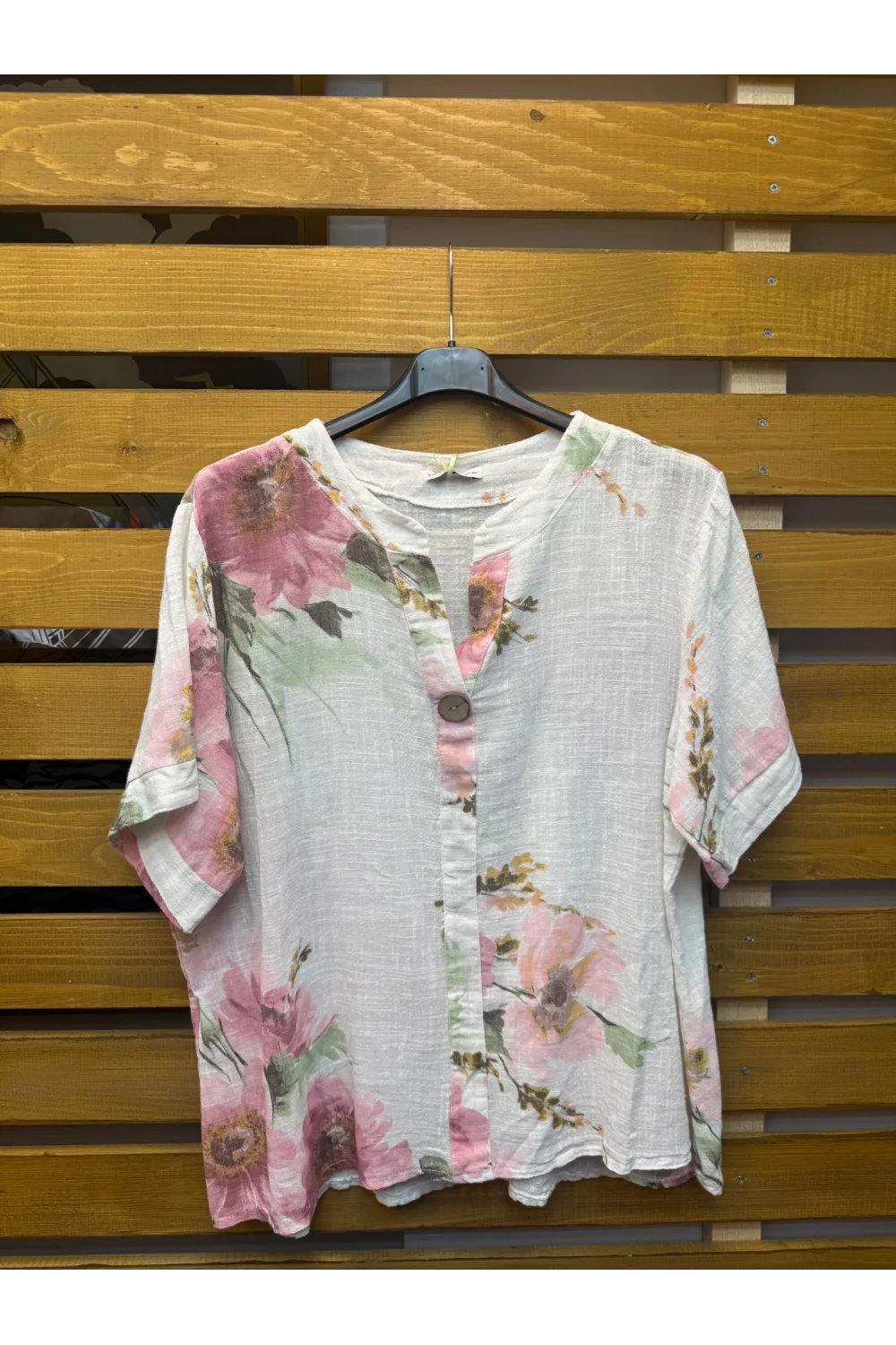 İtalyan Tasarım Çiçekli Pamuk Keten Gömlek Beyaz