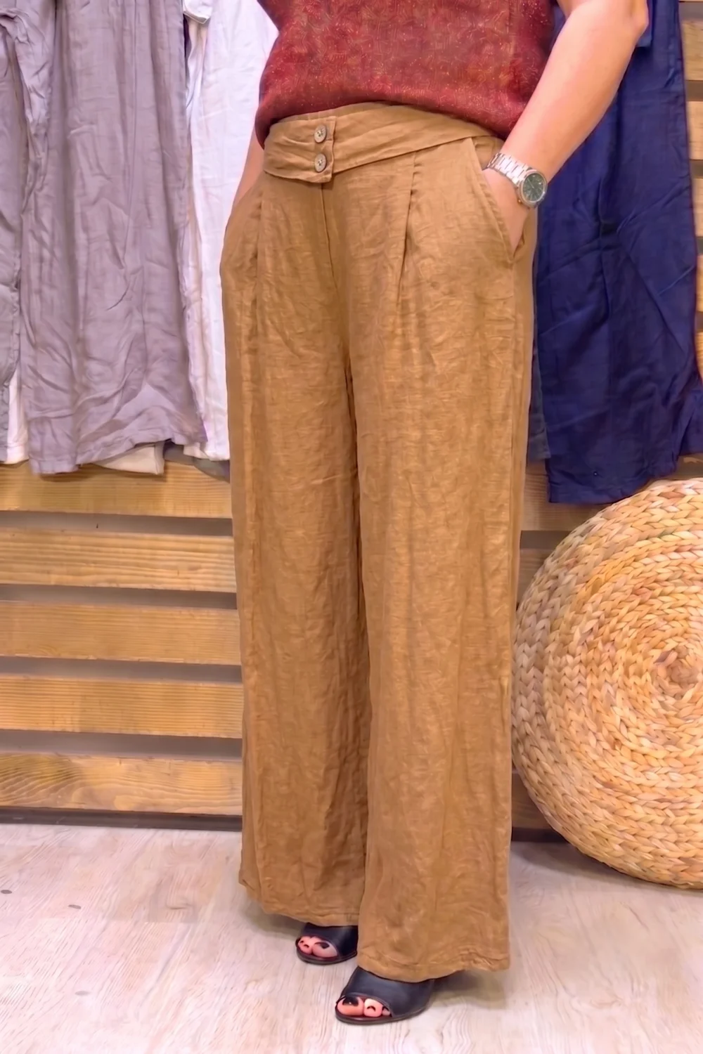 İtalyan Tasarım Ham Keten Düğme Detaylı Geniş Paça Pantolon Camel